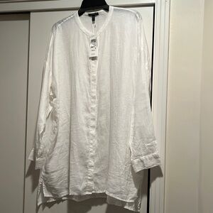 Eileen Fisher relaxed linen long sleeve tunic-swing silhouette.  Mandarin collar